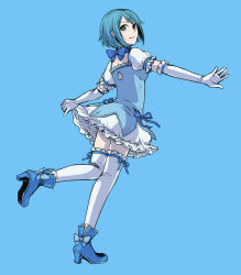 Rule 34 | 1girl, ankle boots, atrium (artist), bad id, bad pixiv id, blue background, blue eyes, blue hair, blue theme, boots, bow, bubble skirt, cosplay, elbow gloves, frills, gloves, high heel boots, high heels, kaname madoka, kaname madoka (cosplay), looking back, magical girl, mahou shoujo madoka magica, mahou shoujo madoka magica (anime), matching hair/eyes, miki sayaka, short hair, simple background, skirt, smile, solo, thighhighs, zettai ryouiki