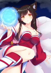 Rule 34 | 1girl, ahri (league of legends), animal ears, bare shoulders, black hair, breasts, cleavage, detached sleeves, facial mark, fox ears, fox tail, gradient background, highres, impossible clothes, impossible shirt, koge niku (kogeniku-203812), korean clothes, large breasts, league of legends, long hair, looking at viewer, low neckline, multiple tails, orb, shirt, solo, tail, whisker markings, yellow eyes