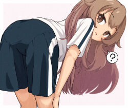 Rule 34 | 1girl, ?, ass, bent over, blue shorts, brown eyes, brown hair, from behind, gym uniform, kasago (wnfj2383), long hair, looking back, open mouth, original, pantylines, shirt, shorts, solo, spoken question mark, thighs, white shirt