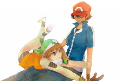 Rule 34 | 1boy, 1girl, ash ketchum, baseball cap, bike shorts, black hair, black pants, blue eyes, blue shirt, brown hair, creatures (company), closed eyes, feet out of frame, game freak, gloves, green bandanna, hat, lap pillow, lying, may (pokemon), nintendo, on stomach, open mouth, outstretched arm, pants, pokemon, pokemon (anime), pokemon dppt (anime), pokemon xy (anime), red headwear, shirt, shoes, short hair, sleeveless, sleeveless shirt, smile, spiked hair, white background, white footwear, white gloves