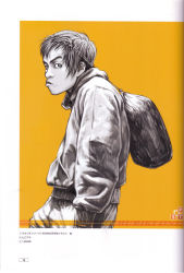 Rule 34 | 1boy, absurdres, bag, buriki one, copyright name, highres, hiroaki (kof), jacket, lips, looking at viewer, looking back, male focus, mixed martial arts, monochrome, official art, orange background, profile, scan, short hair, simple background, snk, solo, tendo gai, tendou gai, upper body