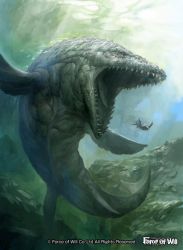 Rule 34 | copyright name, douzen, fangs, force of will, mosasaur, no humans, official art, open mouth, prehistoric animal, solo, tongue, tongue out, turtle, underwater