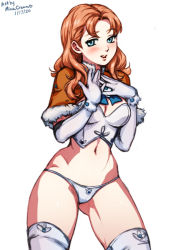 Rule 34 | 1girl, annette fantine dominic, artist name, blue eyes, breasts, cleavage, dated, fire emblem, fire emblem: three houses, gloves, mina cream, narrow waist, nintendo, open mouth, orange hair, panties, simple background, solo, thighhighs, underwear, white background, white gloves, white panties