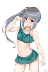 Rule 34 | 1girl, absurdres, bikini, bikini skirt, blush, breasts, brown eyes, closed mouth, commentary request, frilled bikini, frills, green bikini, grey hair, highres, kantai collection, kasumi (kancolle), lifted by self, long hair, looking at viewer, minifreak, neve (morris-minicooper), side ponytail, simple background, small breasts, solo, swimsuit, tearing up, white background