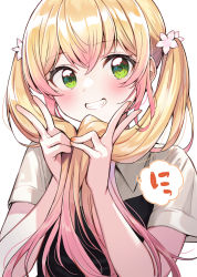Rule 34 | 1girl, alternate costume, alternate hairstyle, birthday, blonde hair, blush, collared shirt, commentary, double v, fang, flower, gradient hair, green eyes, grin, hair between eyes, hair flower, hair ornament, happy birthday, holding, holding own hair, hololive, long hair, looking at viewer, momosuzu nene, momosuzu nene (casual), multicolored hair, nail polish, nishizawa, pink hair, pink nails, shirt, short sleeves, simple background, smile, solo, speech bubble, teeth, translated, twintails, two-tone hair, upper body, v, virtual youtuber, white background, white shirt, wing collar