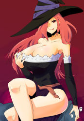 Rule 34 | 1girl, bad id, bad pixiv id, bare shoulders, breasts, cleavage, crossed legs, detached sleeves, dragon&#039;s crown, hair over one eye, hat, huge breasts, legs, long hair, red eyes, red hair, seihoukei, side slit, simple background, sitting, solo, sorceress (dragon&#039;s crown), thighs, tongue, vanillaware, witch hat