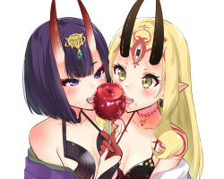 Rule 34 | 2girls, apple, bob cut, breasts, commentary request, eyeliner, eyeshadow, facial mark, fang, fang out, fate/grand order, fate (series), fingernails, food, forehead mark, fruit, headpiece, highres, horns, ibaraki douji (fate), ibaraki douji (swimsuit lancer) (first ascension) (fate), japanese clothes, kimono, makeup, multiple girls, oni, open mouth, pointy ears, purple eyes, purple hair, purple kimono, revealing clothes, sarfata, sharp fingernails, short eyebrows, short hair, shuten douji (fate), skin-covered horns, small breasts, tattoo, upper body, yellow eyes, yellow kimono