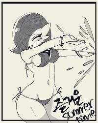 Rule 34 | 1girl, absurdres, alternate breast size, arms up, bangle, bikini, black border, blush, blush stickers, bob cut, border, bracelet, breasts, closed eyes, cowboy shot, creatures (company), ddingyong, english text, female focus, game freak, gardevoir, gen 3 pokemon, grey background, greyscale, grin, hair over one eye, happy, highres, jewelry, korean text, medium breasts, mixed-language text, monochrome, navel, nintendo, one eye covered, outside border, outstretched arms, pokemon, pokemon (creature), short hair, side-tie bikini bottom, sideboob, simple background, sketch, smile, solo, splashing, standing, stomach, string bikini, swimsuit, teeth, translation request, wide hips