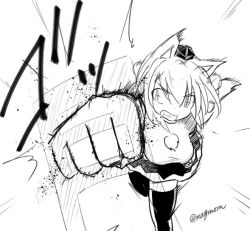 Rule 34 | 1girl, angry, animal ears, artist self-insert, black skirt, black thighhighs, blood, breasts, clenched teeth, foreshortening, greyscale, hat, inubashiri momiji, leaning forward, looking at another, monochrome, motion lines, pom pom (clothes), punching, shirt, short hair, skirt, tail, taurine 8000mg, teeth, thighhighs, tokin hat, touhou, twitter username, white shirt, wolf ears, wolf tail, zettai ryouiki