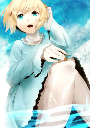Rule 34 | 1girl, aegis (persona), alternate costume, android, atlus, bad id, bad pixiv id, blonde hair, blue eyes, dress, open mouth, persona, persona 3, sitting, solo, tsukasa (ilqmplim), water