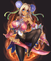 1girl bare_shoulders black_pantyhose blonde_hair blue_eyes bodysuit breasts choker covered_navel dark-skinned_female dark_skin female_focus flower gauntlets hair_flower hair_ornament high_heels huge_breasts leg_lift open_mouth original pantyhose pointy_ears saltydanshark shiny_skin solo sword weapon