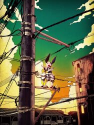 Rule 34 | antennae, arm blade, arms at sides, building, claw (weapon), cloud, commentary request, green sky, highres, house, humanoid robot, mecha, medarot, multicolored sky, no humans, orange sky, outdoors, power lines, red eyes, robot, rokusho (medarot), sky, solo, standing, ten (prop03), utility pole, weapon