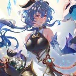 Rule 34 | artist name, bare shoulders, basket, bell, black gloves, blue hair, blush, bow, bowtie, breasts, chinese knot, detached sleeves, flower, flower knot, ganyu (genshin impact), genshin impact, gloves, gold trim, highres, horns, ice shard, long hair, medium breasts, multicolored eyes, neck bell, oyakorodesu, qilin (mythology), qingxin flower, sidelocks, smile, solo, tassel, upper body, vision (genshin impact), white flower, white sleeves, wide sleeves