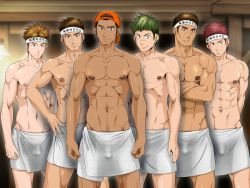 Rule 34 | 6+boys, abs, bulge, comagire kajima, grin, hat, looking at viewer, male focus, multiple boys, muscular, nipples, original, pectorals, smile, smirk, towel