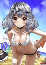Rule 34 | 1girl, absurdres, beach, betonamou, blue sky, breasts, cleavage, hand on own thigh, highres, hololive, holox, medium breasts, navel, red eyes, sakamata chloe, sky, solo, swimsuit, virtual youtuber
