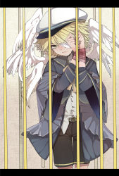Rule 34 | 1boy, bandage over one eye, black shorts, blonde hair, blue jacket, bound, bound wrists, cage, chinese commentary, cowboy shot, feathered wings, hands up, hat, highres, in cage, jacket, letterboxed, light frown, looking at viewer, male focus, neikusa, oliver (vocaloid), peaked cap, ringed eyes, sailor hat, shirt, shorts, vocaloid, white headwear, white shirt, wings, yellow eyes