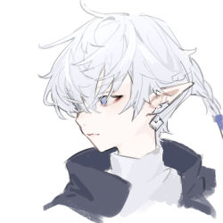 Rule 34 | 1boy, alphinaud leveilleur, blue eyes, braid, chyoel, closed mouth, earrings, final fantasy, final fantasy xiv, grey hair, hair between eyes, highres, jewelry, male focus, pointy ears, portrait, simple background, solo, white background
