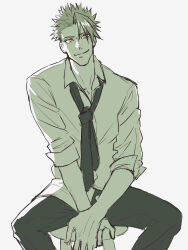 Rule 34 | 1boy, achilles (fate), arms between legs, closed mouth, collared shirt, fate (series), feet out of frame, haruakira, highres, loose necktie, male focus, mature male, monochrome, necktie, orange eyes, pants, shirt, simple background, sitting, sleeves past elbows, smile, solo, spot color, stool, undercut