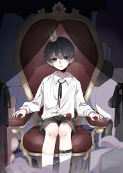 Rule 34 | 1boy, absurdres, ao moke, arm rest, artist name, belt, black belt, black eyes, black hair, black ribbon, black shorts, black straps, box, checkered floor, closed mouth, collared shirt, commentary request, crown, curtains, expressionless, fingernails, flower, gift, gift box, grey ribbon, hair between eyes, hair over one eye, highres, indoors, leaf, long sleeves, looking at viewer, male focus, mini crown, neck ribbon, original, red flower, red rose, ribbon, rose, shirt, short hair, shorts, sitting, socks, solo, strap, stuffed animal, stuffed panda, stuffed rabbit, stuffed toy, throne, transparent curtains, white shirt, white socks