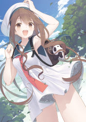 Rule 34 | 1girl, :d, arm up, armpits, backpack, bag, bag charm, bare arms, bare shoulders, beret, blue sailor collar, blue sky, blush, breasts, brown eyes, brown hair, charm (object), cloud, commentary request, day, dress, hair between eyes, hat, highres, long hair, looking at viewer, moe2019, open mouth, original, outdoors, panties, pantyshot, red neckwear, sailor collar, sailor dress, sky, sleeveless, sleeveless dress, small breasts, smile, solo, standing, striped clothes, striped panties, tokuno yuika, tree, underwear, very long hair, white dress, white hat