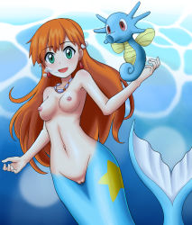 Rule 34 | 1girl, :d, bad id, bad pixiv id, blue eyes, breasts, breath, cleft of venus, collarbone, commentary request, completely nude, creatures (company), earrings, game freak, gen 1 pokemon, highres, horsea, jewelry, long hair, looking at viewer, mermaid, mermaid misty (pokemon), misty (pokemon), monster girl, navel, necklace, nintendo, nipples, nude, open mouth, orange hair, pokemon, pokemon (anime), pokemon (classic anime), pokemon (creature), pussy, shougun (chuckni1), small breasts, smile, uncensored, underwater