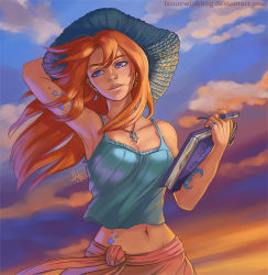 Rule 34 | 1girl, arm up, armpits, blue eyes, breasts, camisole, cleavage, cloud, crescent, crescent earrings, earrings, fainttwinkling, groin, hat, jewelry, lips, medium breasts, midriff, navel, necklace, orange hair, original, parted lips, pen, pendant, ring, sky, solo, star (symbol), sun hat, tattoo, upper body, watermark, web address