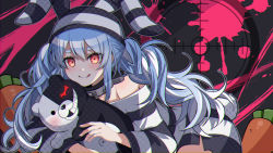 1girl, :q, bangs, blood, blue hair, blush, carrot pillow, chains, chocho (homelessfox), choker, collar, collarbone, commentary request, danganronpa (series), hat, holding, hololive, long hair, long sleeves, looking at viewer, metal collar, monokuma, off shoulder, pink blood, prison clothes, red eyes, shirt, smile, solo, striped, striped shirt, stuffed animal, stuffed toy, tongue, tongue out, usada pekora