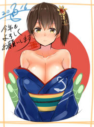 Rule 34 | 10s, 1girl, 2016, anchor symbol, bamboo, bare shoulders, blush, border, breasts, brown eyes, brown hair, cleavage, collarbone, dated, eyebrows, female focus, frown, hair between eyes, isshiki (ffmania7), japanese clothes, kaga (kancolle), kantai collection, kimono, kotoyoro, large breasts, looking at viewer, new year, obi, off shoulder, open clothes, open kimono, sash, side ponytail, solo, upper body, yellow border