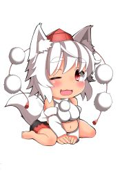 Rule 34 | 1girl, :3, animal ears, bare shoulders, belly, blush, breasts, chibi, detached sleeves, eyebrows, fang, fat, hat, highres, inubashiri momiji, large breasts, midriff, navel, one eye closed, open mouth, plump, pom pom (clothes), red eyes, shishi juuroku, short hair, silver hair, simple background, sitting, solo, tail, thick eyebrows, tokin hat, touhou, white background, wolf ears, wolf tail