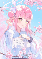 Rule 34 | 1girl, angel wings, black scrunchie, blue archive, blush, cherry blossoms, closed mouth, crescent, crescent pin, day, feathered wings, fingernails, flower, gloria (gloriao3o), hair bun, hair flower, hair ornament, halo, highres, long hair, long sleeves, mika (blue archive), outdoors, petals, pink hair, pink halo, purple flower, scrunchie, shirt, single side bun, smile, solo, upper body, white shirt, white wings, wings, wrist scrunchie, yellow eyes