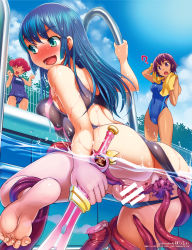 Rule 34 | 3girls, anus, ass, back, bar censor, barefoot, blue hair, blush, bosshi, breast press, breasts, cameltoe, censored, dark-skinned female, dark skin, feet, from behind, green eyes, highres, large breasts, long hair, multiple girls, open mouth, pool, purple eyes, purple hair, pussy, red hair, school swimsuit, short hair, small breasts, soles, spread pussy, swimsuit, sword, tentacles, toe scrunch, toes, weapon, wet