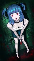 Rule 34 | 1girl, absurdres, black choker, blood, blood on clothes, blood on feet, blood on leg, bloody weapon, blue hair, blunt bangs, choker, closed mouth, english text, highres, holding, holding knife, holding weapon, knife, looking at viewer, medium hair, original, pool of blood, purple z, red eyes, sitting, solo, tongue, tongue out, twintails, weapon