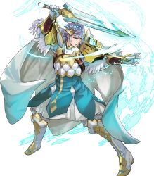 Rule 34 | 1boy, aqua eyes, arm guards, armor, blue hair, boots, cape, feather trim, fighting stance, fire emblem, fire emblem heroes, full body, gauntlets, gloves, highres, holding, holding sword, holding weapon, hrid (fire emblem), knee boots, long sleeves, looking away, maeshima shigeki, male focus, multicolored hair, nintendo, non-web source, official art, open mouth, pants, puffy sleeves, short hair, shoulder armor, silver hair, solo, sparkle, striped, sword, transparent background, weapon