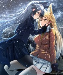 Rule 34 | 10s, 2girls, :o, animal ears, black hair, black pantyhose, blonde hair, blush, bow, bowtie, breasts, coat, eye contact, ezo red fox (kemono friends), fox ears, fox girl, fox tail, girl on top, gloves, gradient hair, grey hair, hand on another&#039;s face, highres, holding hands, interlocked fingers, kemono friends, leg between thighs, long hair, long sleeves, looking at another, medium breasts, multicolored hair, multiple girls, open mouth, pantyhose, pleated skirt, saiki rider, silver fox (kemono friends), sitting, skirt, snow, snowing, sparkle, tail, thighhighs, two-tone hair, very long hair, yellow eyes, yuri