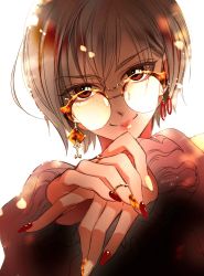 Rule 34 | 1girl, backlighting, brown eyes, brown hair, caracoro, commentary, earrings, fingernails, glasses, highres, jewelry, lipstick, long fingernails, makeup, meiko (vocaloid), mismatched earrings, multicolored nails, nail polish, own hands together, portrait, red nails, round eyewear, semi-rimless eyewear, short hair, smile, solo, tortoiseshell-framed eyewear, vocaloid, white background