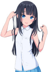 Rule 34 | 1girl, bare shoulders, black hair, blue eyes, blunt bangs, blush, breasts, commentary request, highres, kimagure blue, long hair, looking at viewer, open mouth, original, revision, shirt, simple background, skirt, sleeveless, sleeveless shirt, small breasts, smile, solo, very long hair