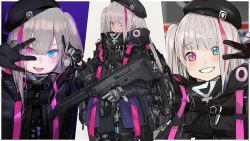 Rule 34 | 1girl, :p, arm up, assault rifle, automatic rifle, battle rifle, beret, black gloves, black hat, blue eyes, blunt bangs, buckle, bullpup, carbine, collaboration, desert tech mdr, girls&#039; frontline, gloves, gradient background, grey hair, gun, hair between eyes, hat, heterochromia, highres, jacket, long hair, long sleeves, looking at viewer, mdr (girls&#039; frontline), multicolored hair, official art, one side up, open clothes, open jacket, open mouth, pinch (nesume), pink eyes, pink hair, purple background, quarter 1404, reaching, reaching towards viewer, rifle, selfie, side ponytail, sidelocks, smile, solo, strap, streaked hair, tongue, tongue out, upper body, w, w over eye, weapon