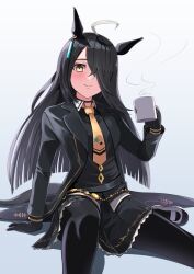 Rule 34 | 1girl, absurdres, ahoge, animal ears, black choker, black gloves, black hair, black jacket, black pantyhose, black shirt, black skirt, breasts, choker, closed mouth, coffee mug, collared shirt, commentary request, coralreef966, cup, earrings, feet out of frame, gloves, gold trim, hair over one eye, highres, holding, holding cup, horse ears, horse girl, horse tail, jacket, jewelry, light blush, long hair, long sleeves, manhattan cafe (umamusume), mug, multicolored hair, necktie, on ground, open clothes, open jacket, pantyhose, shirt, simple background, single earring, skirt, small breasts, smile, solo, steam, streaked hair, tail, umamusume, very long hair, white background, white hair, yellow eyes, yellow necktie