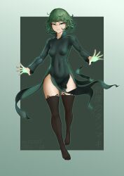 Rule 34 | 1girl, absurdres, animal ear legwear, artist name, black background, black dress, black thighhighs, breasts, cat ear legwear, covered navel, dated, dress, full body, gogo (gogo 23), green hair, grey background, highres, long sleeves, no shoes, one-punch man, short hair, small breasts, smile, solo, tatsumaki, teeth, thighhighs, translation request