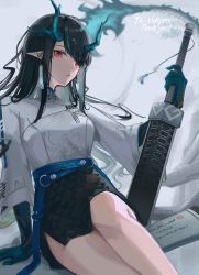 Rule 34 | 1girl, absurdres, arknights, black hair, black skirt, blue hair, blue skin, breasts, colored skin, commentary request, commission, dragon girl, dragon tail, dusk (arknights), earrings, green horns, highres, holding, holding sword, holding weapon, horns, huge weapon, insuu0511, jewelry, long hair, looking at viewer, medium breasts, multicolored hair, official alternate costume, pencil skirt, pointy ears, red eyes, shirt, signature, skeb commission, skirt, solo, sword, tail, tassel, tassel earrings, weapon, white shirt, wide sleeves