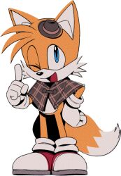 Rule 34 | 1boy, animal ears, animal nose, blue eyes, body fur, brown capelet, brown hat, capelet, child, digimin, fedora, fox boy, fox ears, fox tail, full body, furry, furry male, gloves, hand on own hip, hand up, happy, hat, index finger raised, looking at viewer, male focus, mini hat, multiple tails, non-web source, official art, one eye closed, open mouth, plaid capelet, red footwear, shoes, simple background, smile, socks, solo, sonic (series), standing, tail, tails (sonic), the murder of sonic the hedgehog, transparent background, two-tone fur, two tails, white fur, white gloves, white socks, wink, yellow fur