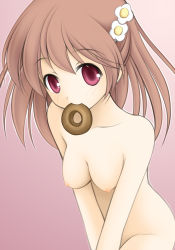Rule 34 | 1girl, bad id, bad pixiv id, breasts, brown hair, doughnut, flyable heart, food, food in mouth, hair ornament, hairpin, highres, inaba yui, leaning forward, long hair, mouth hold, nipples, nude, purple eyes, smile, solo, tapioka (coconuts), v arms
