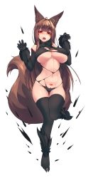 Rule 34 | 1girl, absurdres, animal ears, antenna hair, bare shoulders, black legwear, breasts, brown hair, commentary request, curvy, dsr-50 (girls&#039; frontline), fox ears, fox tail, full body, girls&#039; frontline, highres, huge breasts, long hair, navel, paw pose, pubic tattoo, red eyes, sharp teeth, simple background, skindentation, solo, sub-res, tail, tattoo, teeth, thigh gap, thighs, torn clothes, transparent background, underboob, very long hair, white background, wide hips, wolf ears