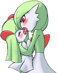 Rule 34 | age difference, azuma doguu, blush, closed eyes, creatures (company), french kiss, game freak, gardevoir, gen 3 pokemon, kirlia, kiss, lowres, nintendo, onee-loli, pokemon, pokemon (creature), red eyes, saliva, simple background, tongue, tongue out, white background, yuri