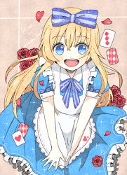 Rule 34 | 1boy, :d, absurdres, alice (alice in wonderland), alice (alice in wonderland) (cosplay), alice in wonderland, apron, blonde hair, blue eyes, bow, card, cosplay, dress, english text, flower, frilled dress, frills, hair bow, highres, mahiro (n41324), male focus, midare toushirou, open mouth, petals, playing card, red flower, red rose, rose, smile, touken ranbu, trap