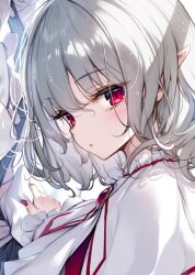 Rule 34 | 2girls, :/, blush, brooch, commentary request, cropped, dress, expressionless, eyelashes, eyes visible through hair, frills, from side, grey hair, hair between eyes, izayoi sakuya, jewelry, ke-ta, medium hair, multiple girls, nail polish, parted lips, pointy ears, portrait, red eyes, red nails, remilia scarlet, solo focus, touhou, upper body, white dress, wrist cuffs