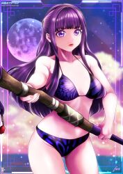 1girl bikini blunt_bangs breasts commentary_request contrapposto fern_(sousou_no_frieren) full_moon ganma_(tvwrofflysfywkw) highres large_breasts looking_at_viewer moon navel purple_bikini purple_eyes purple_hair sidelocks solo sousou_no_frieren staff swimsuit two-tone_bikini