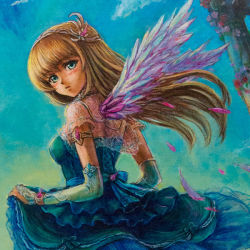 Rule 34 | 1girl, angel wings, back, bad id, bad pixiv id, blonde hair, blue dress, blue eyes, blush, bridal gauntlets, clothes grab, dress, from behind, looking back, oil painting (medium), painting (medium), see-through, sky, solo, tafuto, traditional media, wings