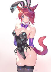 Rule 34 | 1girl, :p, animal ears, arms behind back, bare shoulders, black leotard, black thighhighs, bow, bowtie, breasts, cat ears, cat tail, cleavage, collarbone, commission, cowboy shot, detached collar, detached sleeves, fake animal ears, final fantasy, final fantasy xiv, gradient background, hair over one eye, heart, highleg, highleg leotard, highres, leotard, light blush, looking at viewer, matsuda (matsukichi), medium breasts, medium hair, miqo&#039;te, pixiv commission, playboy bunny, purple bow, purple bowtie, purple eyes, red hair, simple background, skindentation, smile, solo, tail, thighhighs, tongue, tongue out