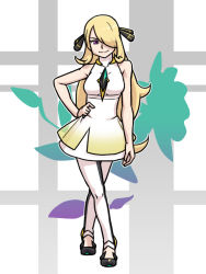 Rule 34 | 1girl, bare shoulders, blonde hair, breasts, closed mouth, cosplay, creatures (company), cynthia (pokemon), dress, feet, female focus, full body, game freak, gem, habatakuhituji, hair over one eye, hand on own hip, long hair, looking at viewer, lusamine (pokemon), lusamine (pokemon) (cosplay), medium breasts, nintendo, pink eyes, pokemon, pokemon dppt, pokemon sm, shoes, simple background, skirt, sleeveless, sleeveless dress, smile, solo, standing